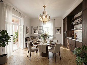 App.3B - Rendering Wohnküche mit anliegender Loggia und Einrichtung - rendering arredo cucina abitabile con loggia