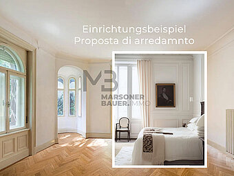 Foto bestehendes Erkerzimmer vor Sanierung mit Einrichtungsbeispiel - foto stanza con bovindo esistente prima della ristrutturazione con esempio di arredamento