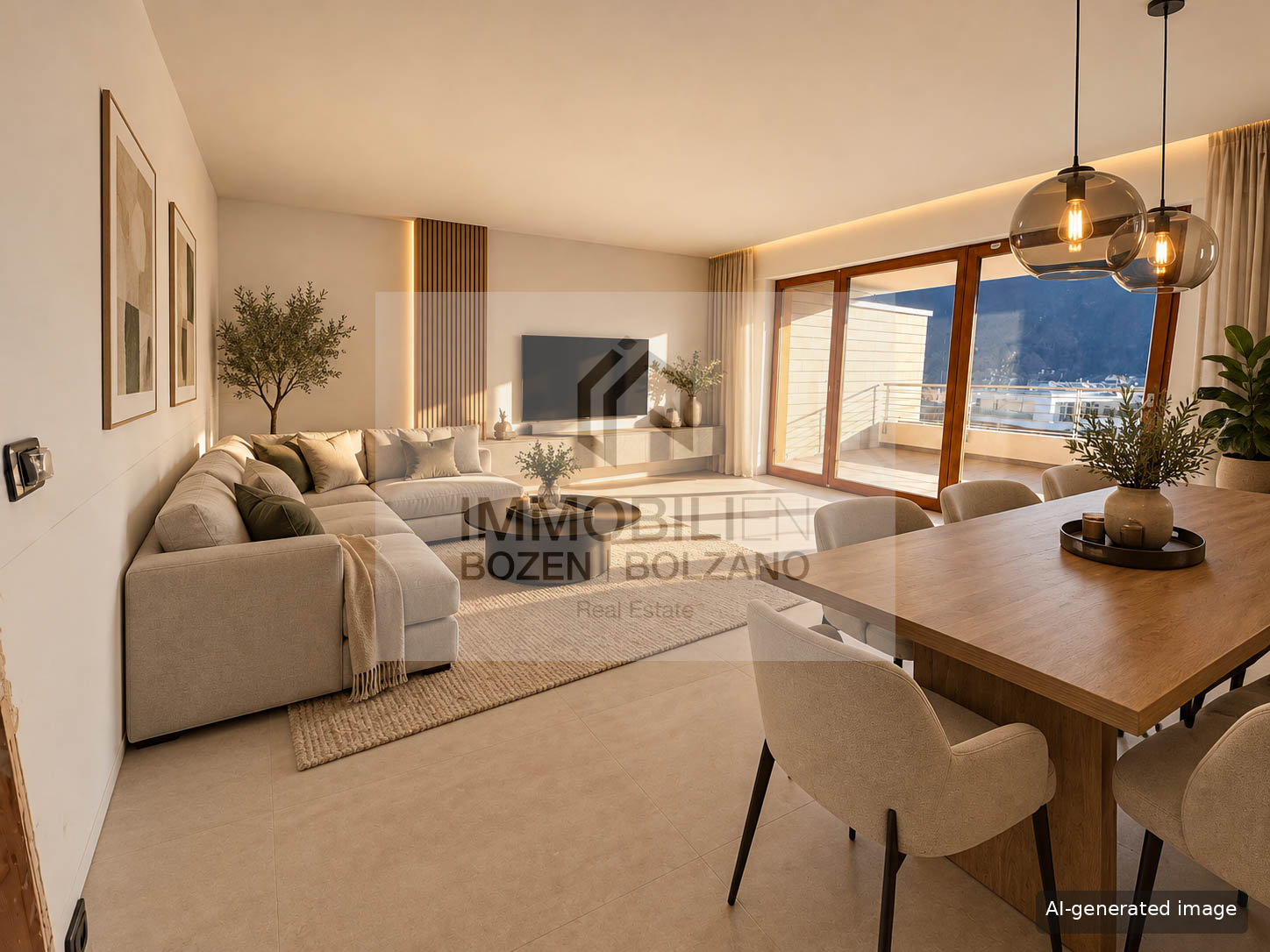 Warmes skandinavisches Wohnzimmer mit Bergblick(2)