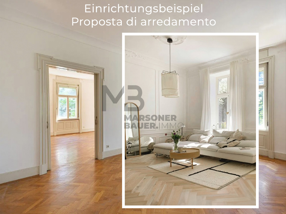 Foto bestehender Wohnraum vor Sanierung mit Einrichtungsbeispiel - foto soggiorno esistente prima della ristrutturazione con esempio di arredamento