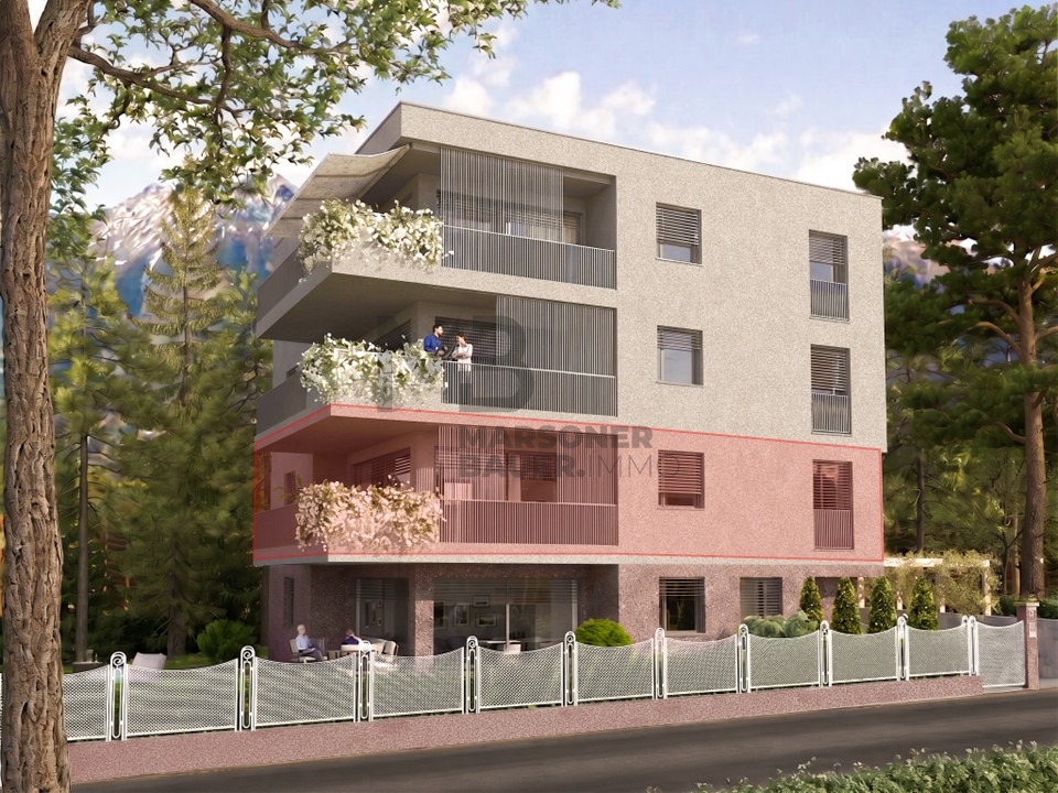 Rendering Süd-Ost-Fassade mit Aptartment im 1. Stock markiert - rendering facciata sud-est con evidenziato appartamento al 1° piano